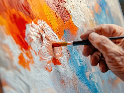 Close-up of a senior artist painting on a canvas with bright, expressive strokes