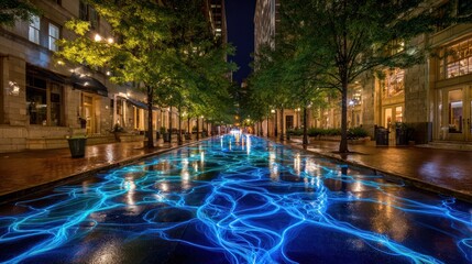 City street at night with illuminated water feature