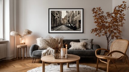 Cozy living room with framed city street photo