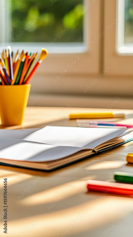 Poster open notebook with blank pages surrounded by colorful pencils and markers on a wooden table bathed i