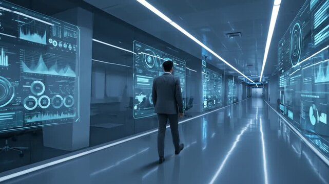 Businessman walking through modern hallway with interactive displays