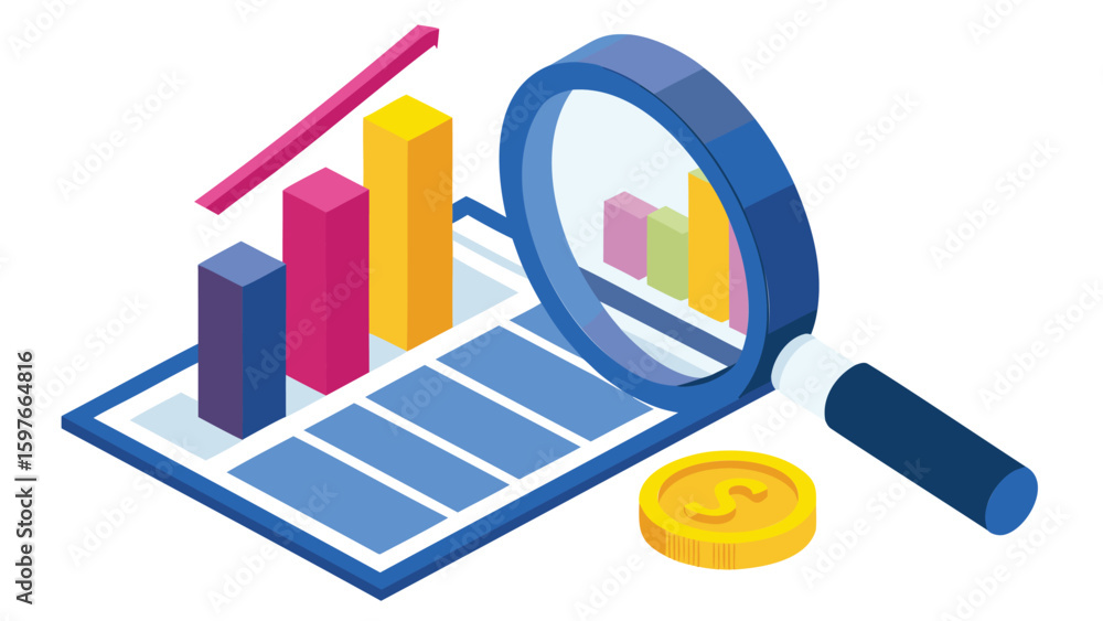 Poster isometric illustration of a bar graph with magnifying glass and a coin for data analysis and growth