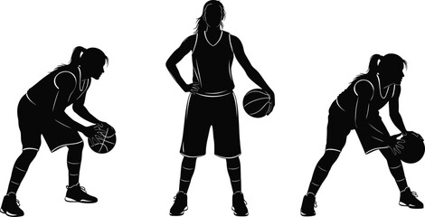 Female basketball player silhouette in active poses, dribbling, holding ball, dynamic movement, athletic action, sports posture, black and white vector