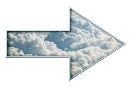 Arrow pointing right filled with clouds isolated on transparent background