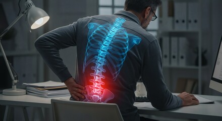 Digital Visualization of Lumbar Spine Pain in Man Working at Office Desk