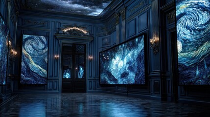 Luxurious art gallery with digital displays