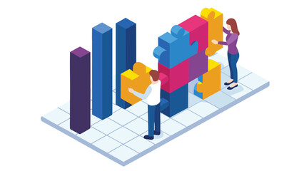 Isometric view of people assembling puzzle pieces next to bar graph on a tiled platform