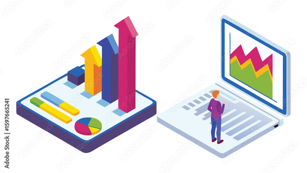 Poster isometric view of data analysis with bar graph, pie chart, and person viewing laptop screen data