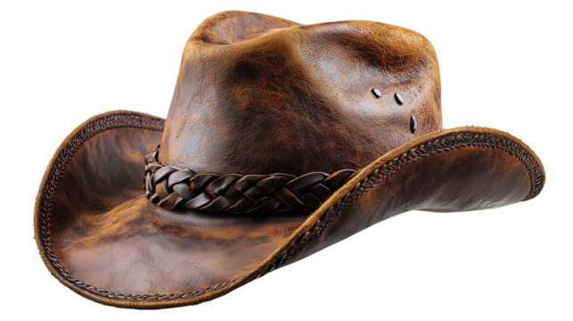 Luxurious leather cowboy hat with realistic stitching and large decorative braid in classic brown color on transparent background