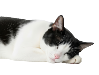 Close up of a black and white domestic cat resting its head on its paws isolated on transparent background