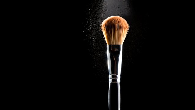 Professional makeup brush with powder particles on a dark background showcasing beauty and cosmetic accessories ideal for beauty bloggers and makeup artists