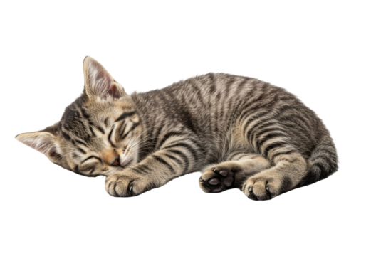 Cute tabby kitten sleeping peacefully curled up on its paws with eyes closed isolated on transparent background