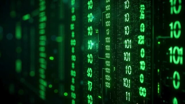 Green binary code background with glowing digital numbers. Matrix style data stream on dark server screen. Cyber security and programming concept.