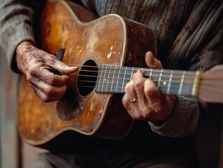 Fototapeta premium Close-up of an older man hands strumming a guitar, lost in the music