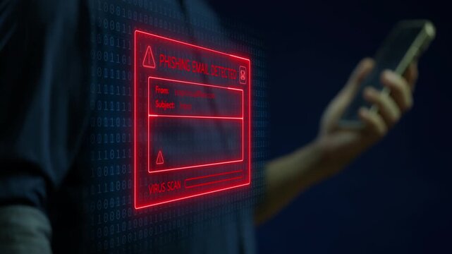 Email interface displays a phishing alert popup warning about suspicious sender and malicious content, simulating email threat detection in a corporate cybersecurity environment.
