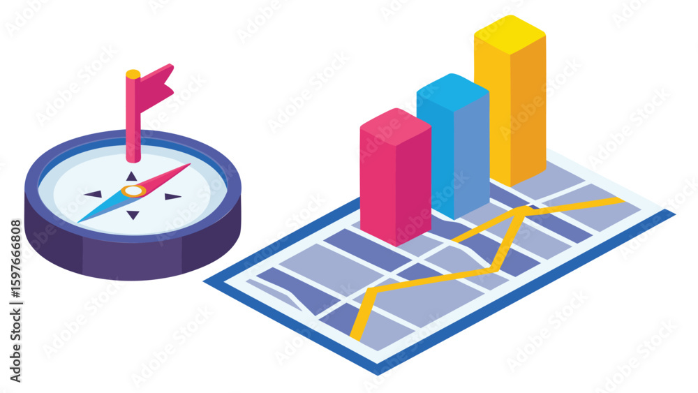 Aufkleber isometric view of a compass with flag and a bar graph on a grid representing progress and direction