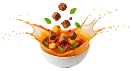Beef stew with potatoes, basil, and cranberries splashing in a bowl isolated PNG with Transparent Background