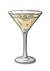 Martini cocktail hand drawn isolated on white background. Vintage sketch of alcoholic drink glass. Colorful party cocktail. Vector illustration