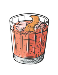 Negroni cocktail hand drawn isolated on white background. Vintage sketch of alcoholic drink glass. Colorful party cocktail. Vector illustration