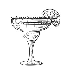 Margarita siesta cocktail with grapefruit hand drawn isolated on white background. Vintage sketch of alcoholic drink glass. Party cocktail. Vector illustration