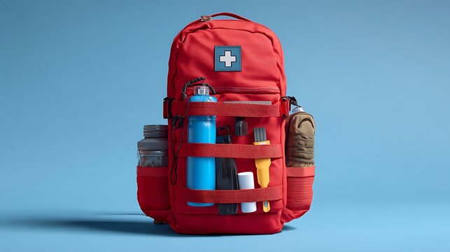 Red emergency first aid kit backpack against a blue background, featuring a cross symbol and other essential survival items. .