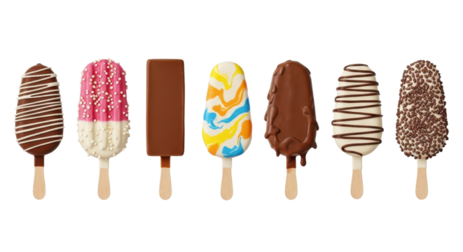 Assortment of colorful and delicious ice cream pops on sticks isolated PNG with Transparent Background