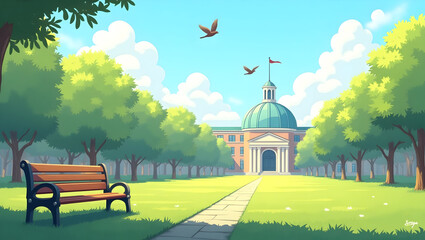 University Building Anime-style minimal campus lawn scene with bench, soft breeze, and birds flying past dome-shaped building. (3).jpg