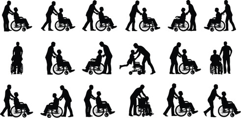 Silhouettes of caregiver assisting wheelchair user, healthcare support, disability aid, inclusive medical scene, compassion, mobility care, black and white illustration