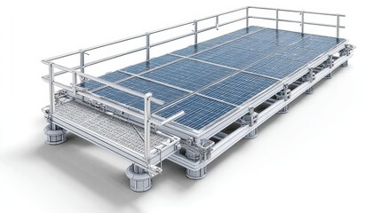 Technical illustration of a floating solar array showing pontoons, anchor system, and maintenance walkway in the context of solar power, on a white background