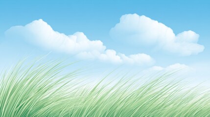 Green grass blowing in the wind under a bright blue sky with fluffy white clouds