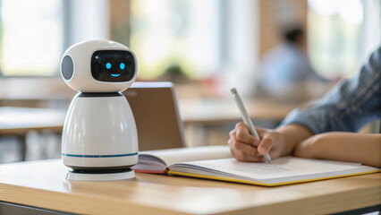 Human and ai collaboration in education with robot assistant on desk, cheerful learning scene
