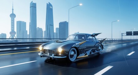 Futuristic custom car driving on a highway with a city skyline in the background on a rainy day