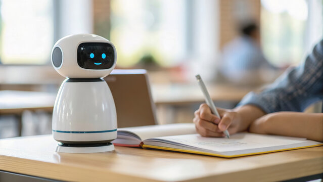Human and ai collaboration in education with robot assistant on desk, cheerful learning scene