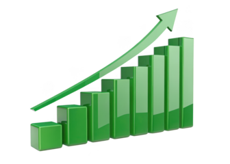 Green 3d bar graph with upward trending arrow symbolizing growth and success isolated on transparent background