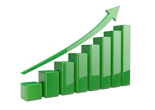 Green 3d bar graph with upward trending arrow symbolizing growth and success isolated on transparent background