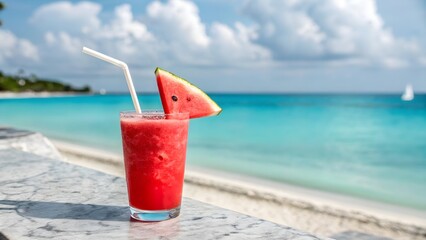 Tropical Watermelon Juice Drink by Ocean on Marble Table