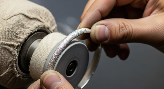 Skilled artisan polishing silver bracelet with rotary tool to achieve smooth shiny surface in detailed metalwork craftsmanship process