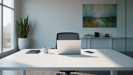 Modern Office Desk with Laptop, Minimalist Workspace and Home Office Setup