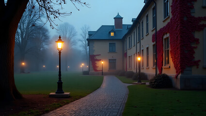 University Building Evening campus scene with gaslight lamps lit, red ivy on walls, and soft fog enveloping main building. (1).jpg