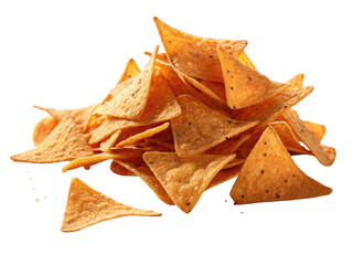 Fototapeta premium Pile of golden corn tortilla chips isolated on transparent background for snacks