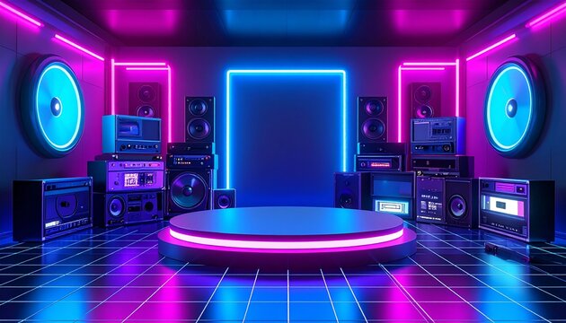 Retro electronic music listening room neonlit - Powered by Adobe