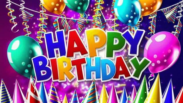 bright birthday card, happy birthday text, balloons, garlands, party hats, glitter