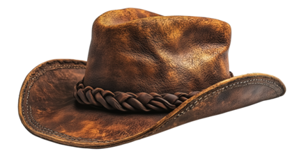 Luxurious leather cowboy hat with realistic stitching and large decorative braid in classic brown color on transparent background