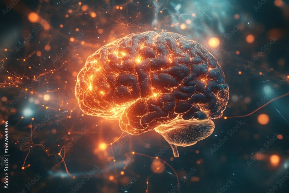 Poster 3d render of a human brain with neural connections activity glowing concept.