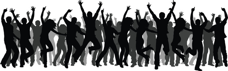 Silhouettes of energetic dancing crowd at party, joyful celebration, people jumping, raised hands, festive mood, fun atmosphere on white
