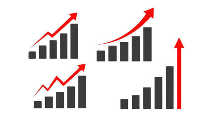 Set of 4 black bar chart icons with red ascending arrows, symbolizing business growth, financial success, and increasing market trends for data visualization and analytics.