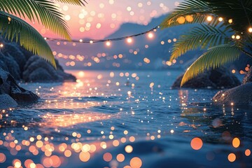 Vibrant Spring Bay Scene with Twinkling Bokeh Soothing Waves and Lush Palm Leaves