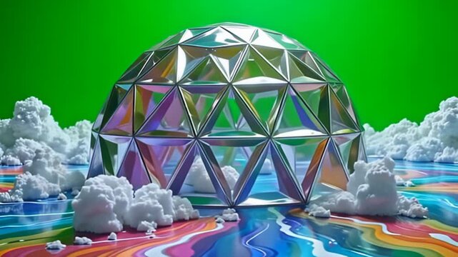 A colossal crystal dome wrapped in noise hazy abstract reflection emerges from a vibrant sea of flowing colors, each shifting hue blending seamlessly with the next, creating a breathtaking