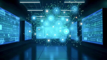 Futuristic data center with holographic displays showcasing digital information and analytics - Powered by Adobe