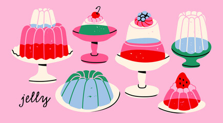 Jelly cake set. Various colorful desserts with fruit on plates. Jellies, candy, juicy food, pudding concept. Unique trendy style. Hand drawn modern Vector illustration. Isolated design elements